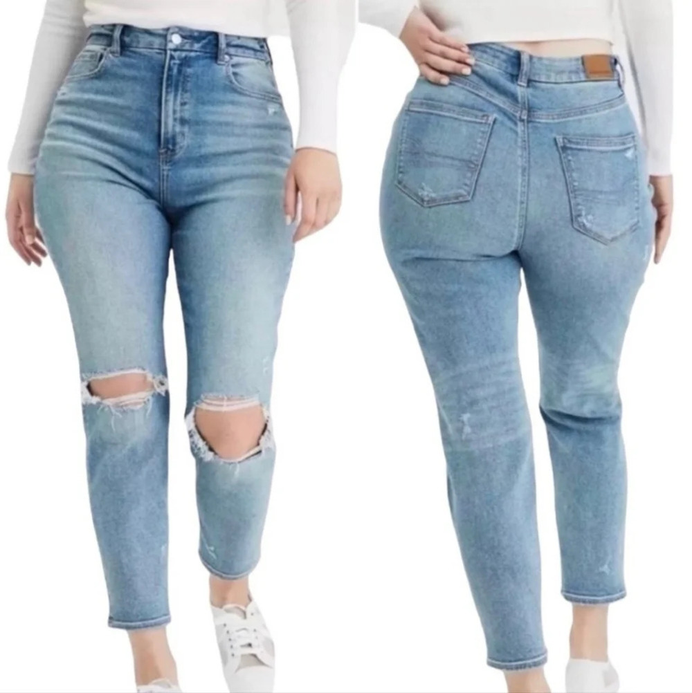 American Eagle High-Rise mom jeans distressed knees Medium wash 14